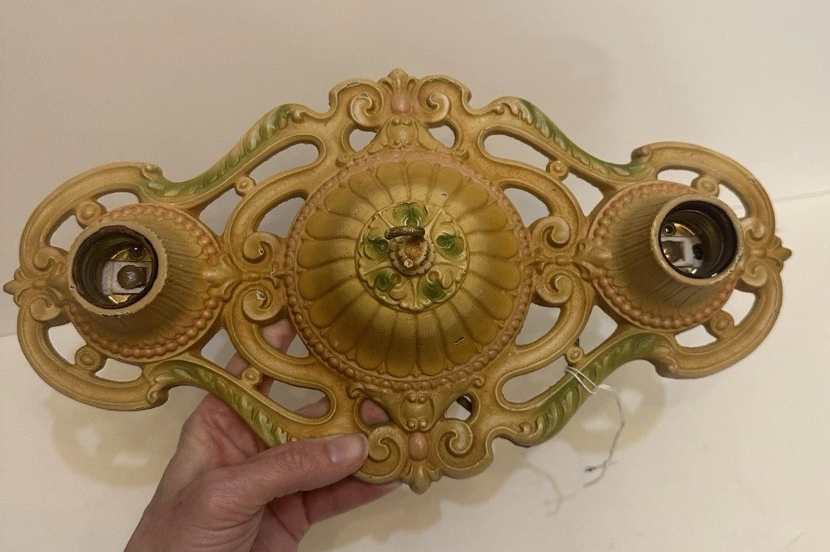 Antique art deco flat mount ceiling 2 light fixture with double light Late 1800s