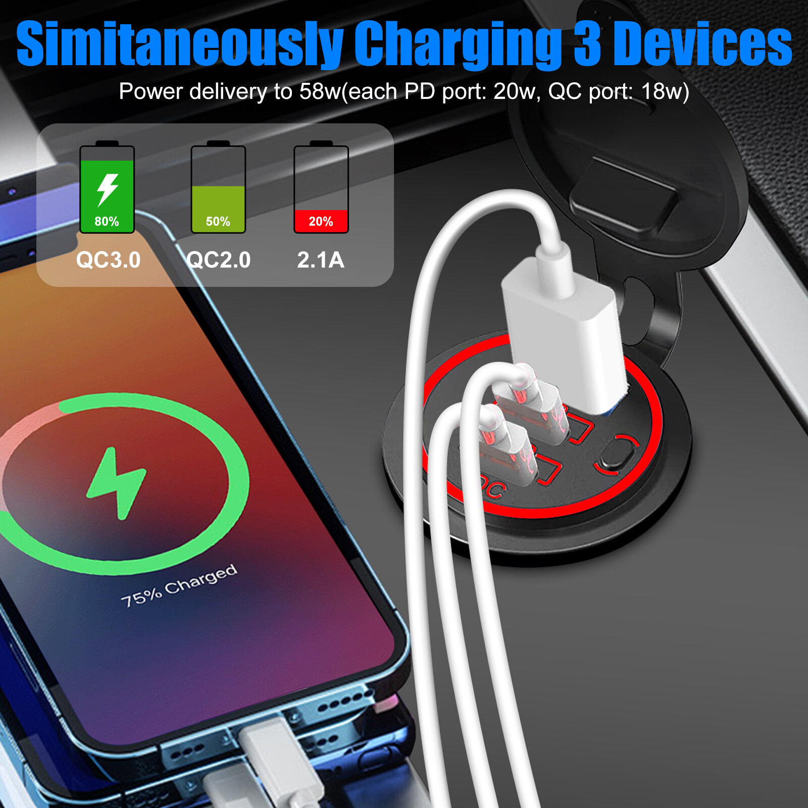 12-24V USB C 3 Port Fast Car Charger PD & QC3.0 Outlet Socket for Boat RV Marine