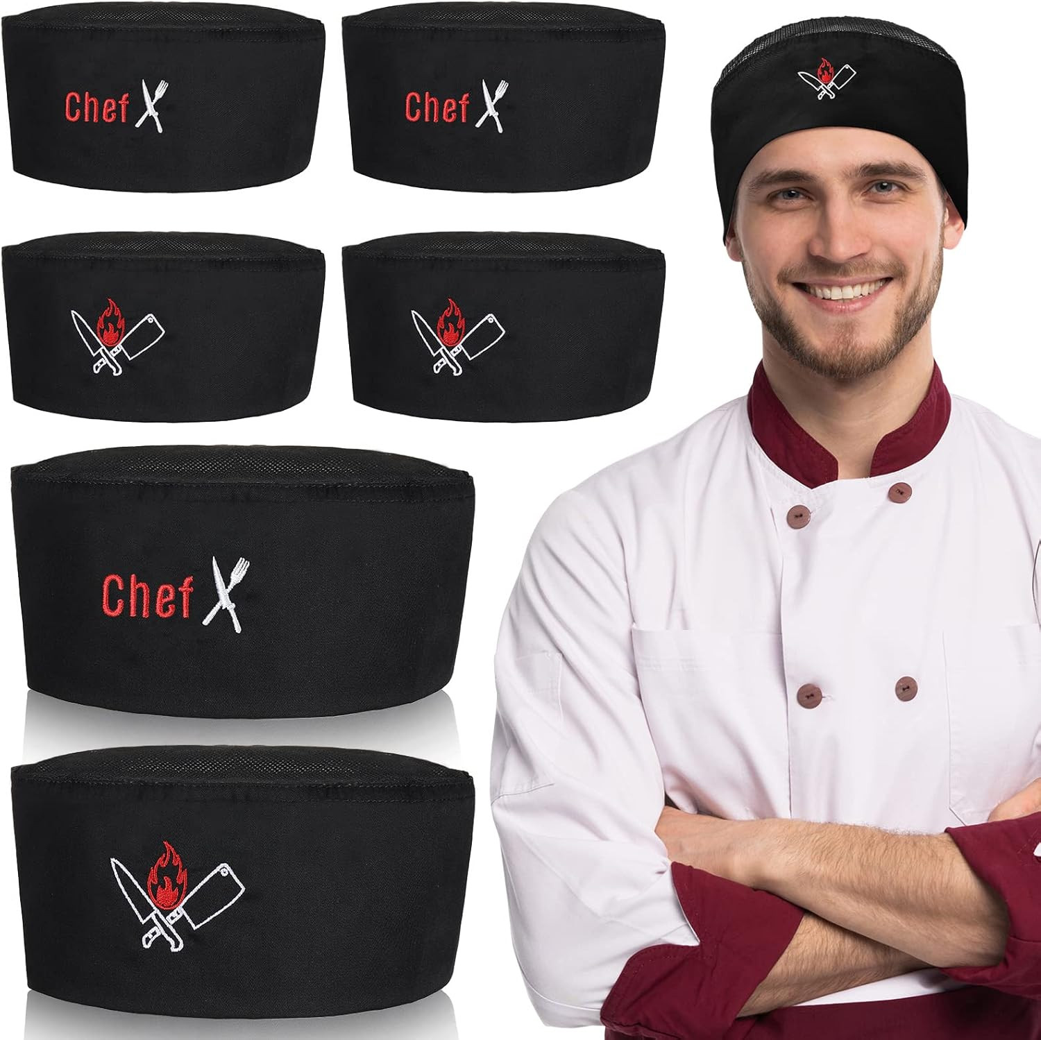 6-Pack Unisex Chef Hats Adult Black Elastic Baker Skull Caps