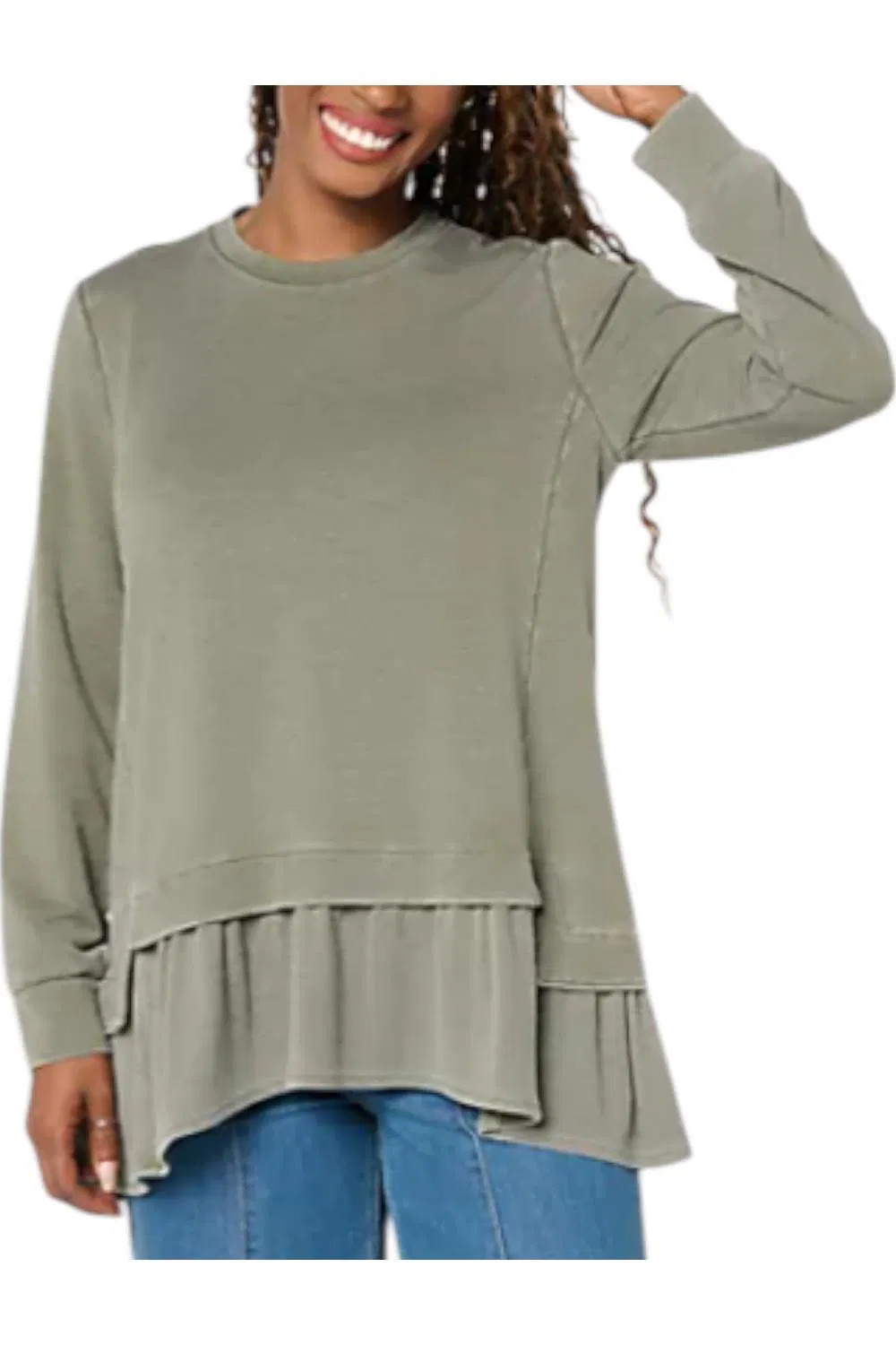 LOGO by Lori Goldstein Women's French Terry Top w/Rib Knit Hem Thyme