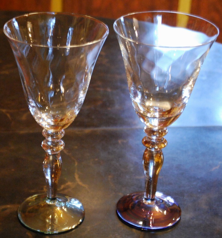 ROGASKA Optic Crystal VENETIAN GOLD LUSTER Set 2 WATER GOBLETS Foil In Stem 8.5"
