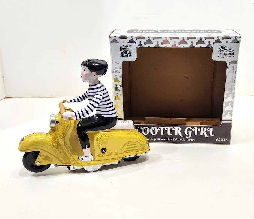 Tin Treasures SCOOTER GIRL Tin Wind-up Girl Riding Bike Toy with Box India