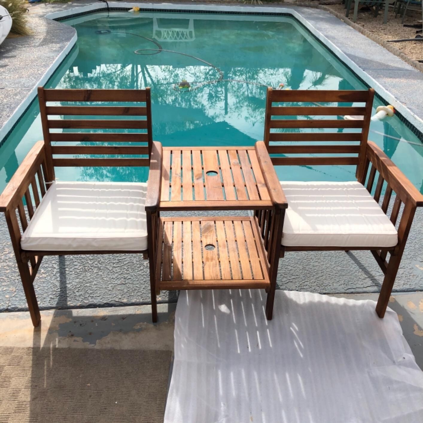 3PCS Outdoor Patio Cushion Furniture Acacia Wood Chair Coffee Table Set Backyard