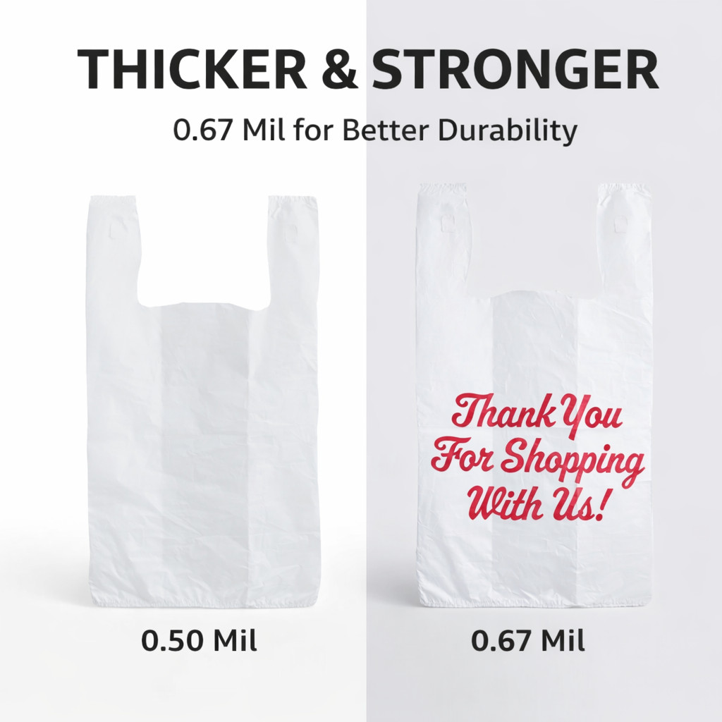 1/5 Large Thank You T-Shirt Plastic Bags 23x13x8 in 0.67 Mil Grocery Carryout