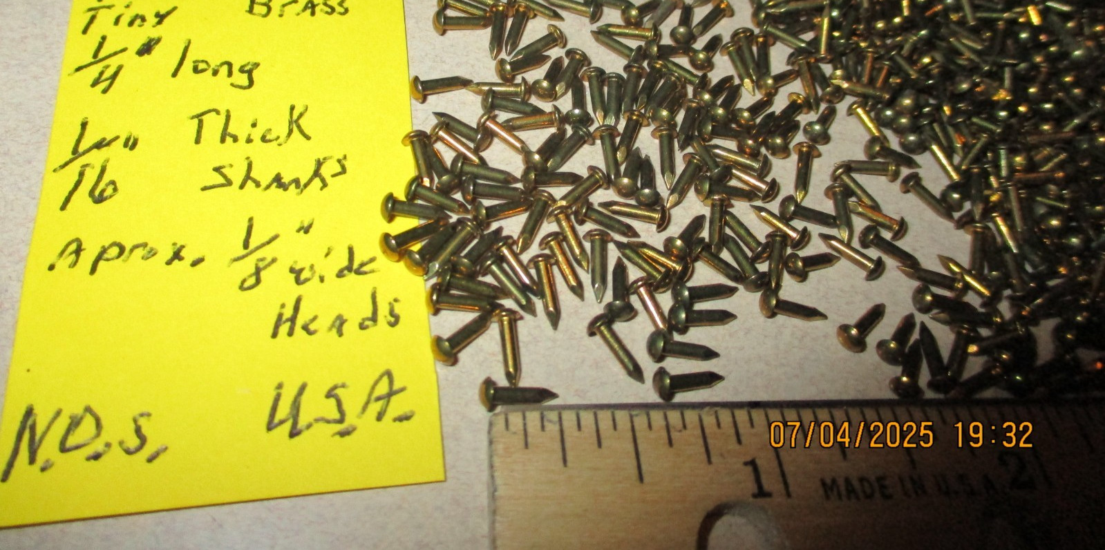 150--VINTAGE 1/4" X #17, SOLID BRASS BRAD NAILS, ROUND DOME HEAD ESCUTCHEON PINS