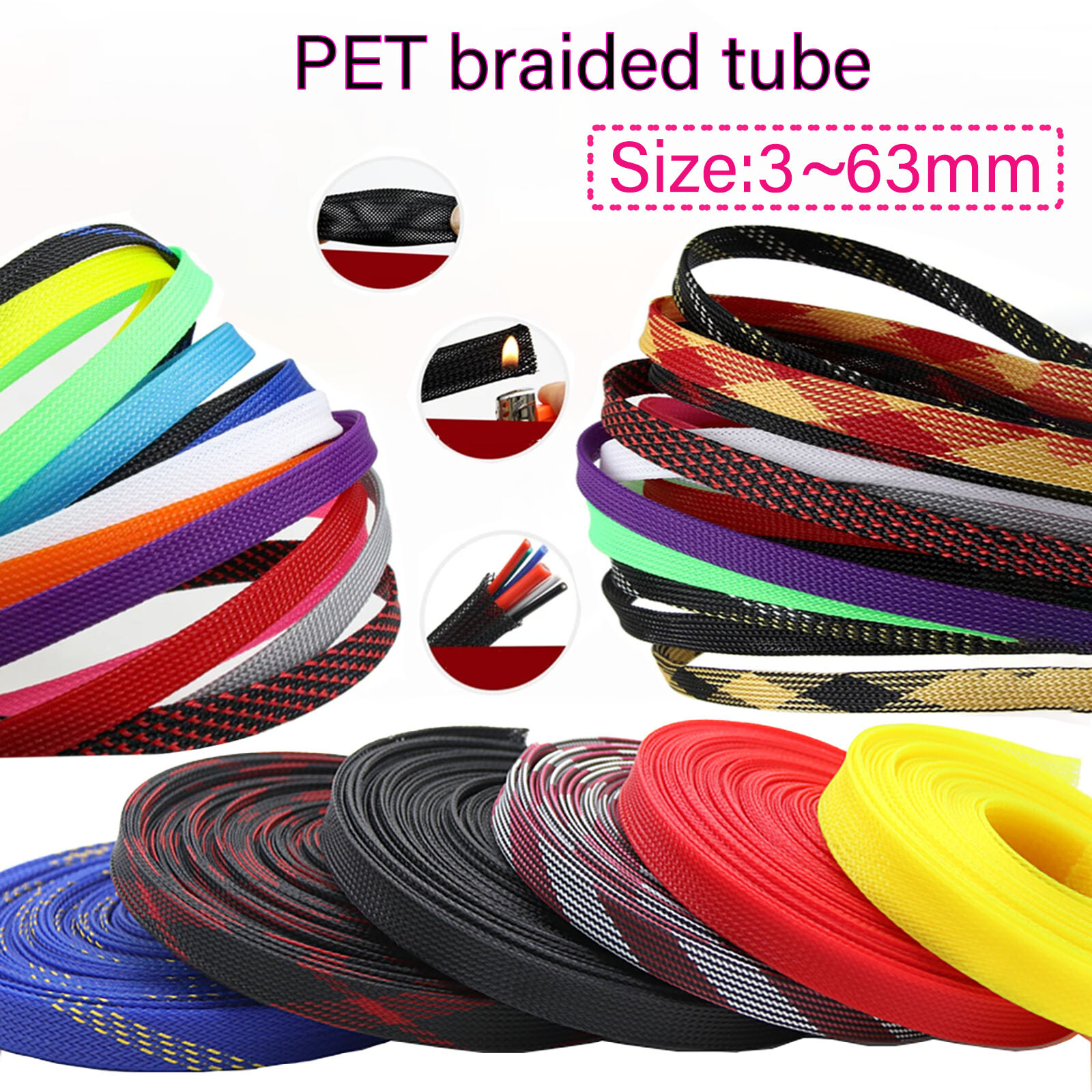 Expandable Braided Cable Tidy Sleeving Wire Harness Flexible  Polyester colorful