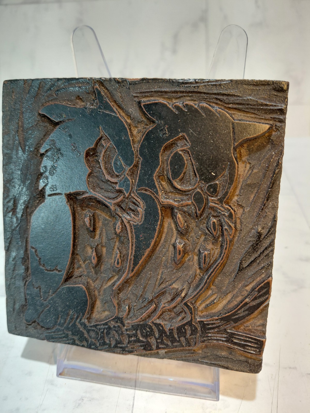 Vintage Wood Printing Block Owls Birds Carved Stamp Letterpress Art Decor 3.5"