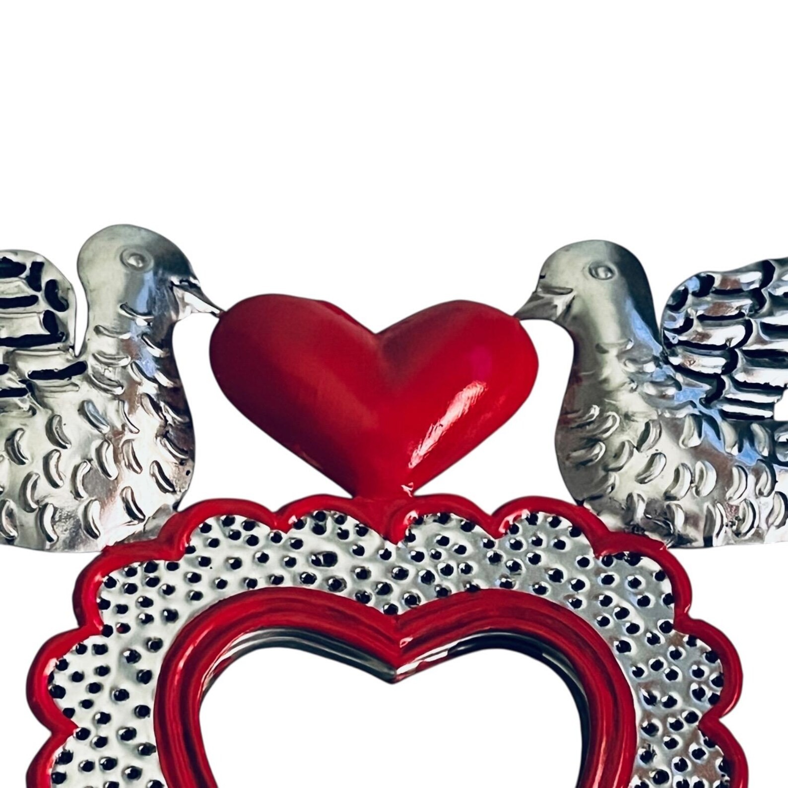 Tin HEART MIRROR, Small Corazon with Doves, Sacred Heart, Mexican Punched Tin