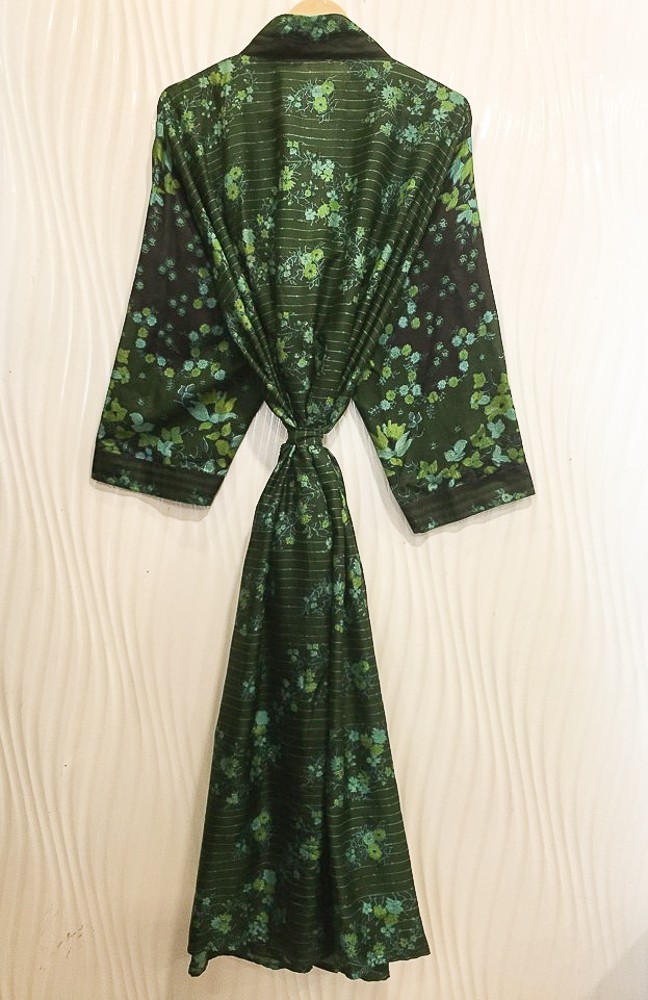 Pure Silk Green & Black kimono Long Robe Gown Girl's Woman Silk Kimono KMO5584