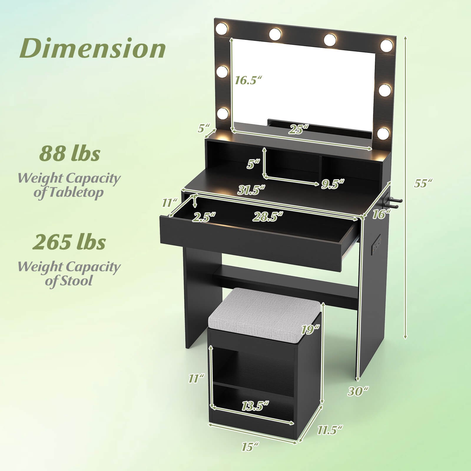 Vanity Desk Set with Mirror and Lights 31.5" Small Makeup Table for Bedroom
