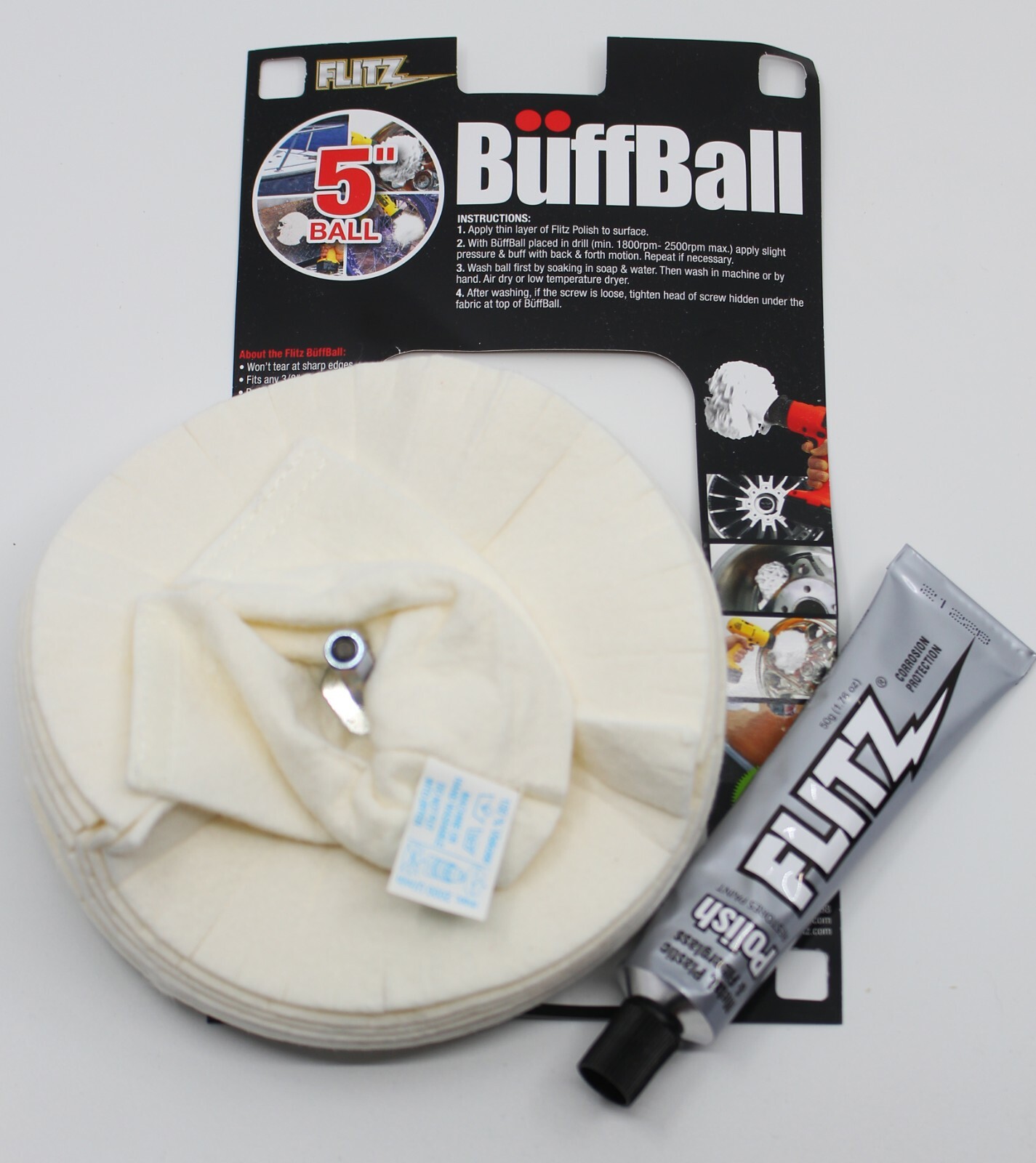 FLITZ LARGE 5"  BUFF BALL With 1.76OZ TUBE FLITZ POLISH (SEE VIDEO)