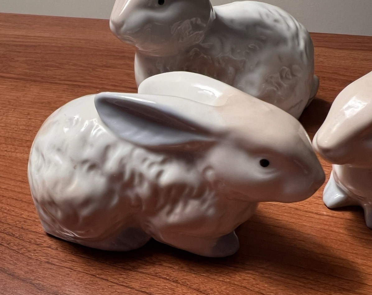 Vintage Set 3 Small Ceramic Bunnies w/ Brown and Blue Highlights Made in Japan