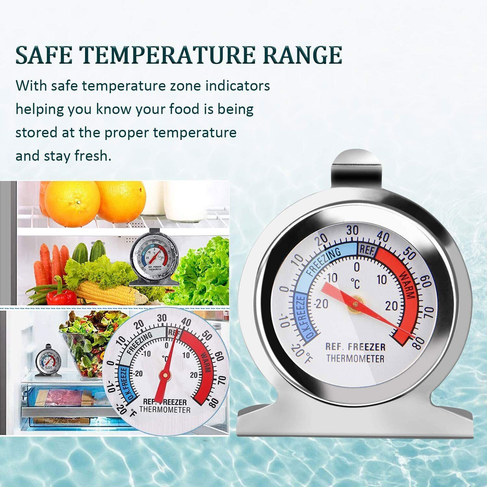 Refrigerator Freezer Thermometer Fridge DIAL Type Stainless Steel Hang Stand 1-4