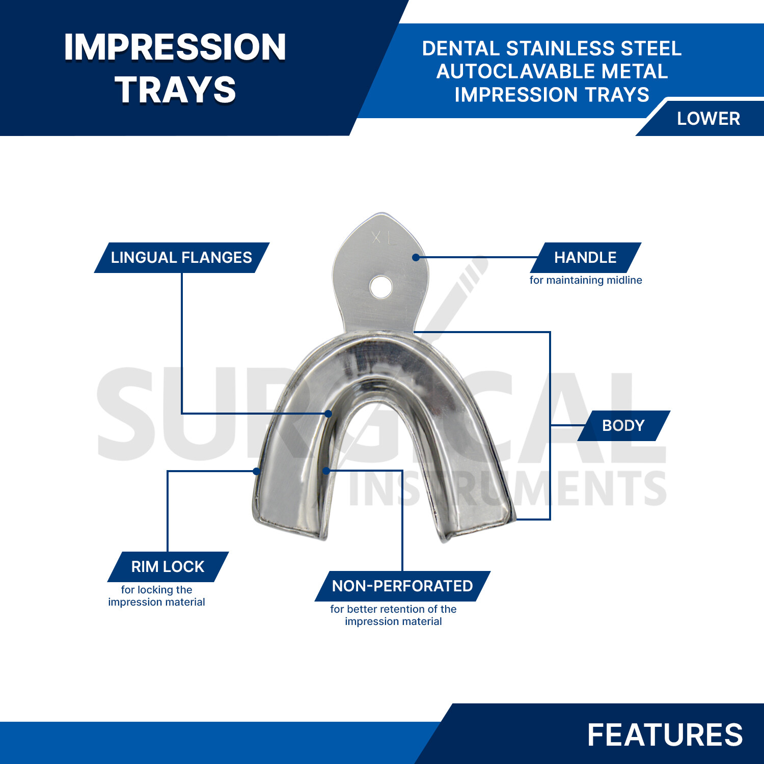 Dental Metal Impression Trays Solid & Perfo Stainless Steel Upper + Lower Choose