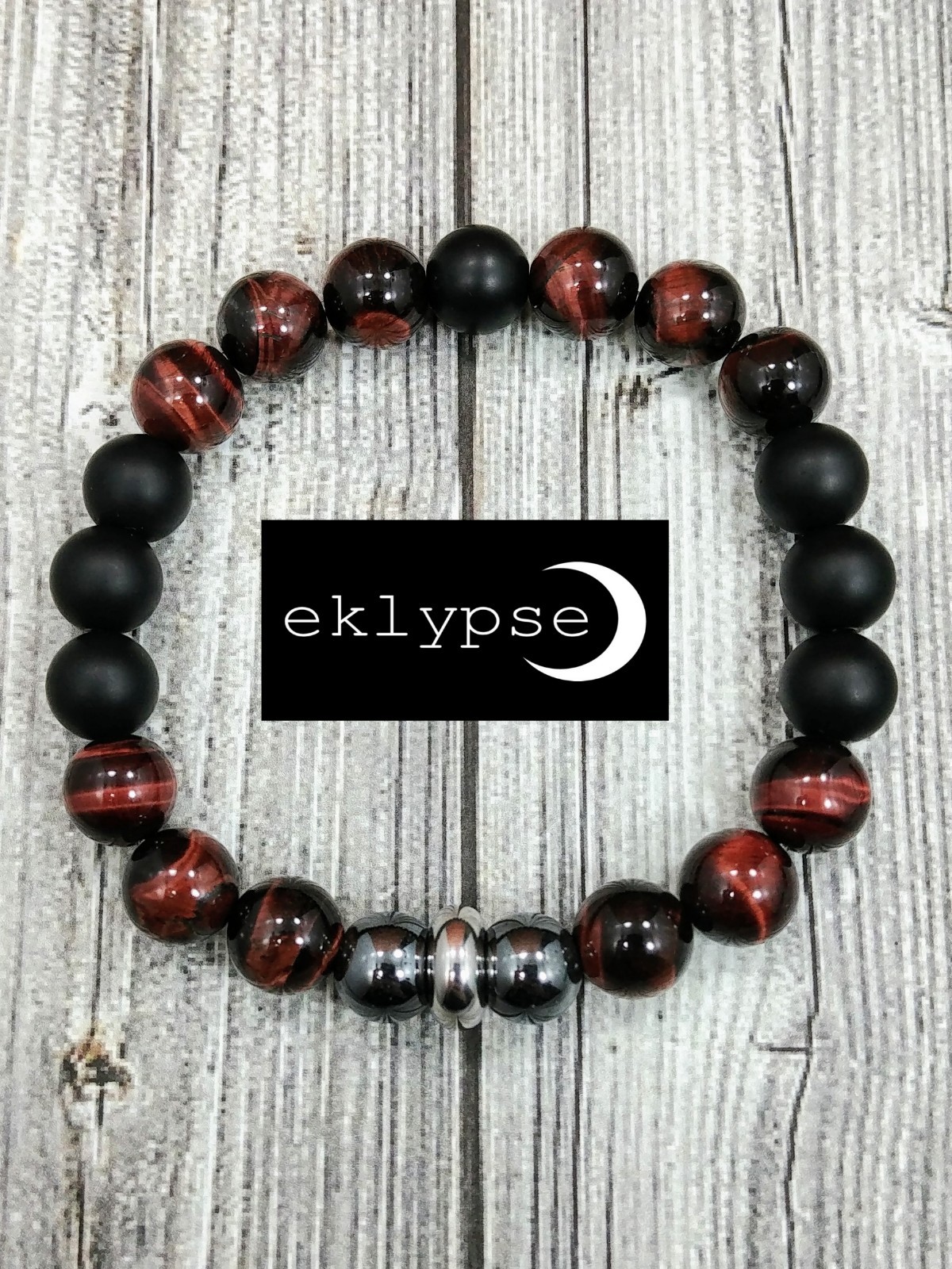 8"L STAINLESS STEEL 10mm Tigers Eye+Hematite+Onyx Gemstone Beaded Men's Bracelet