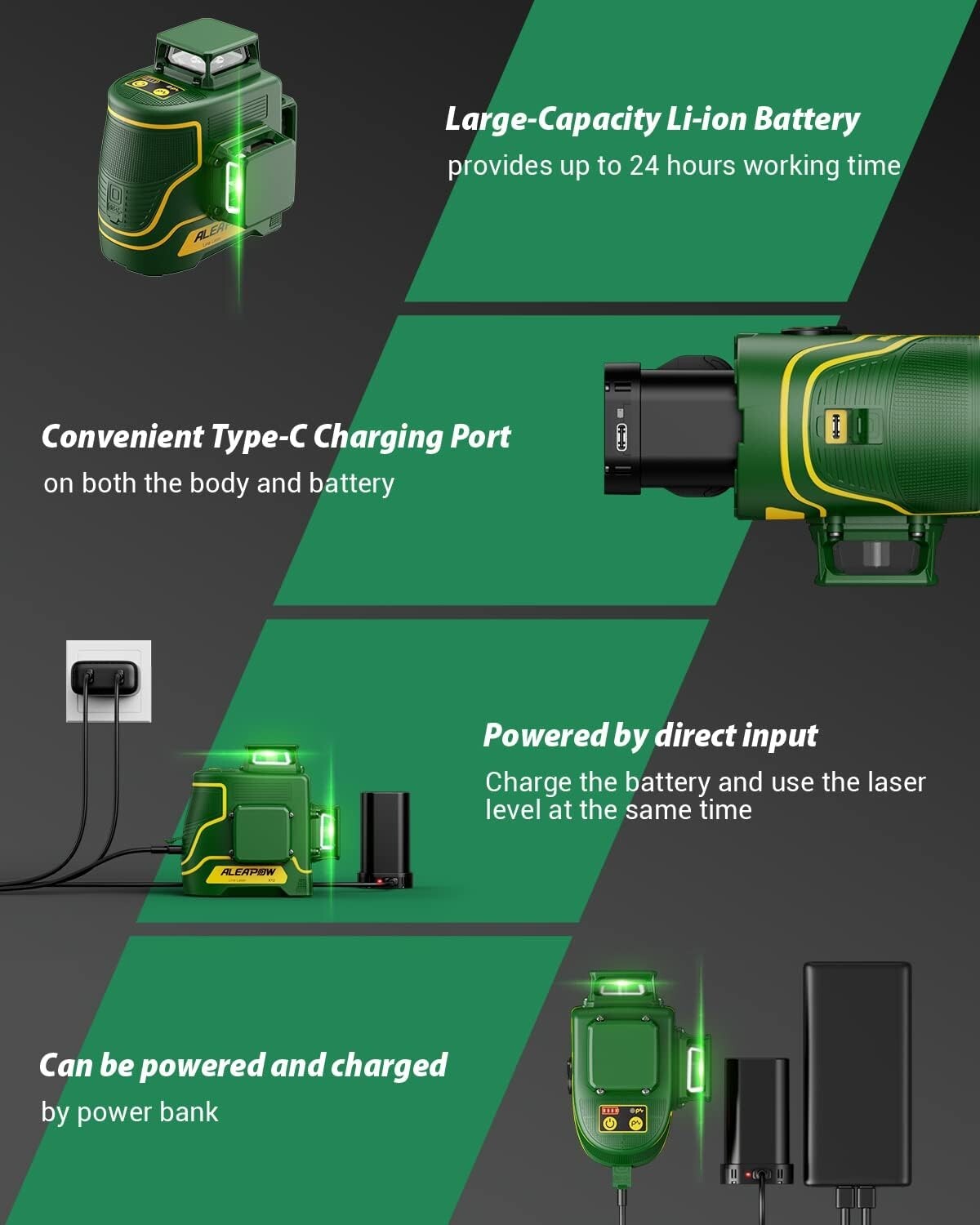 ALEAPOW 3D Laser Level, 147ft 3x360° Green Laser Level, 5.2Ah Battery, SelfLevel