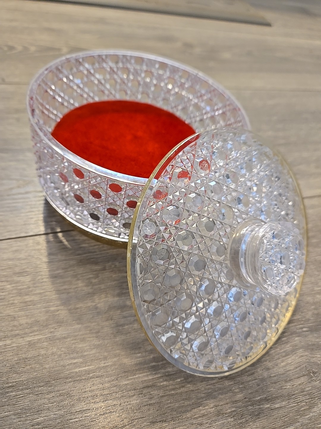 Vintage Avon Powder Box Hollywood Regency Cut Crystal Plastic w Red Puff Vanity