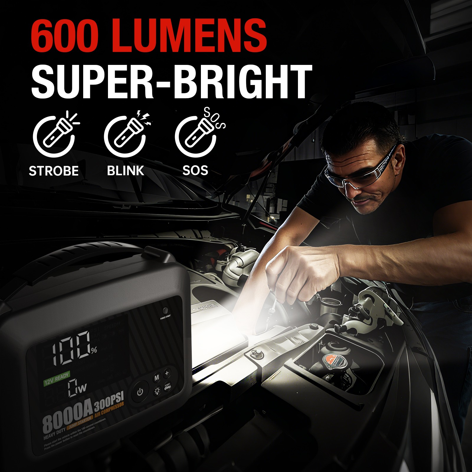 Truck Heavy Duty 8000A Jump Starter with Air Compressor Power Bank Battery Safe