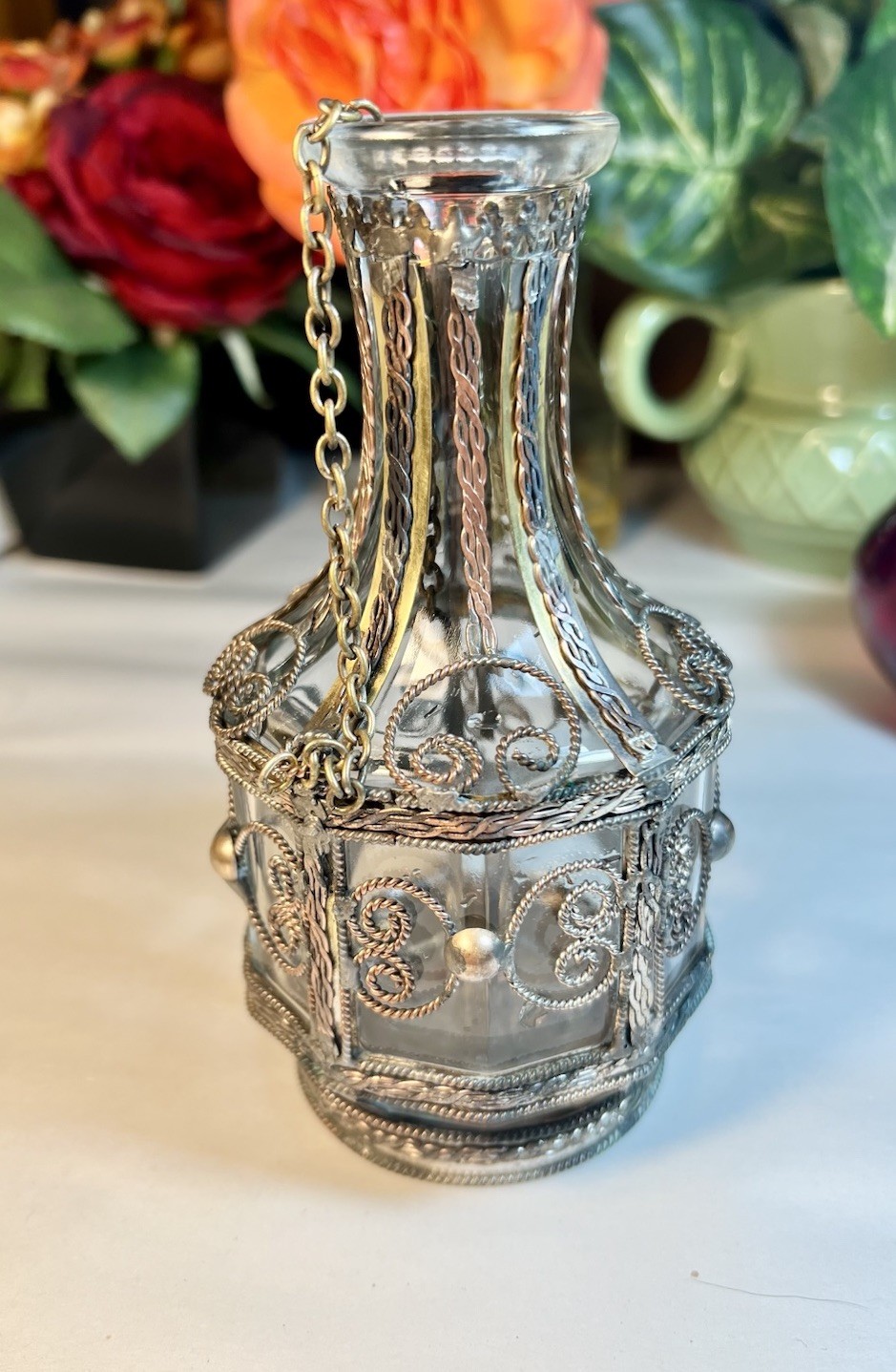 VTG GLASS BOTTLE SILVER PLATED, BRASS, COPPER OVERLAY BOTTLE 1900's UNIQUE