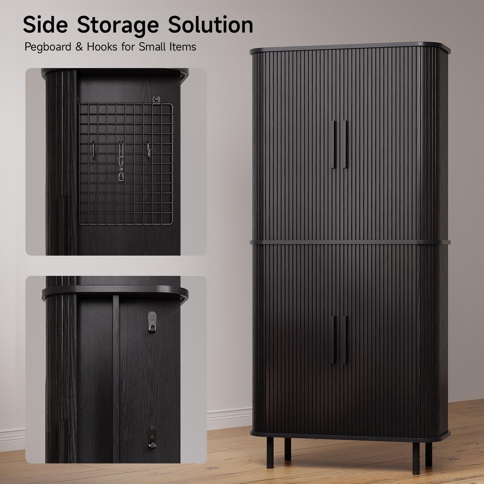71" Fluted Kitchen Pantry Cabinet, Tall Storage Cabinet (Black)