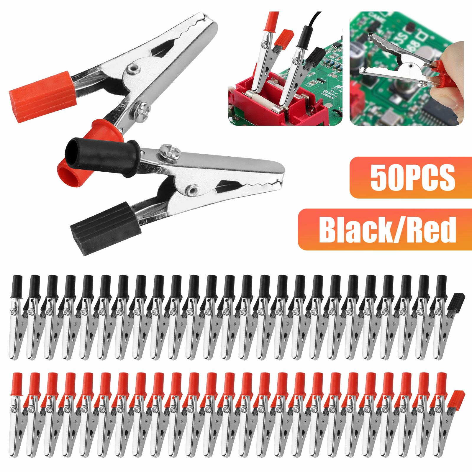 50Pcs Electrical Test Clamps Metal Alligator Clips with Red & Black Handle Bulk