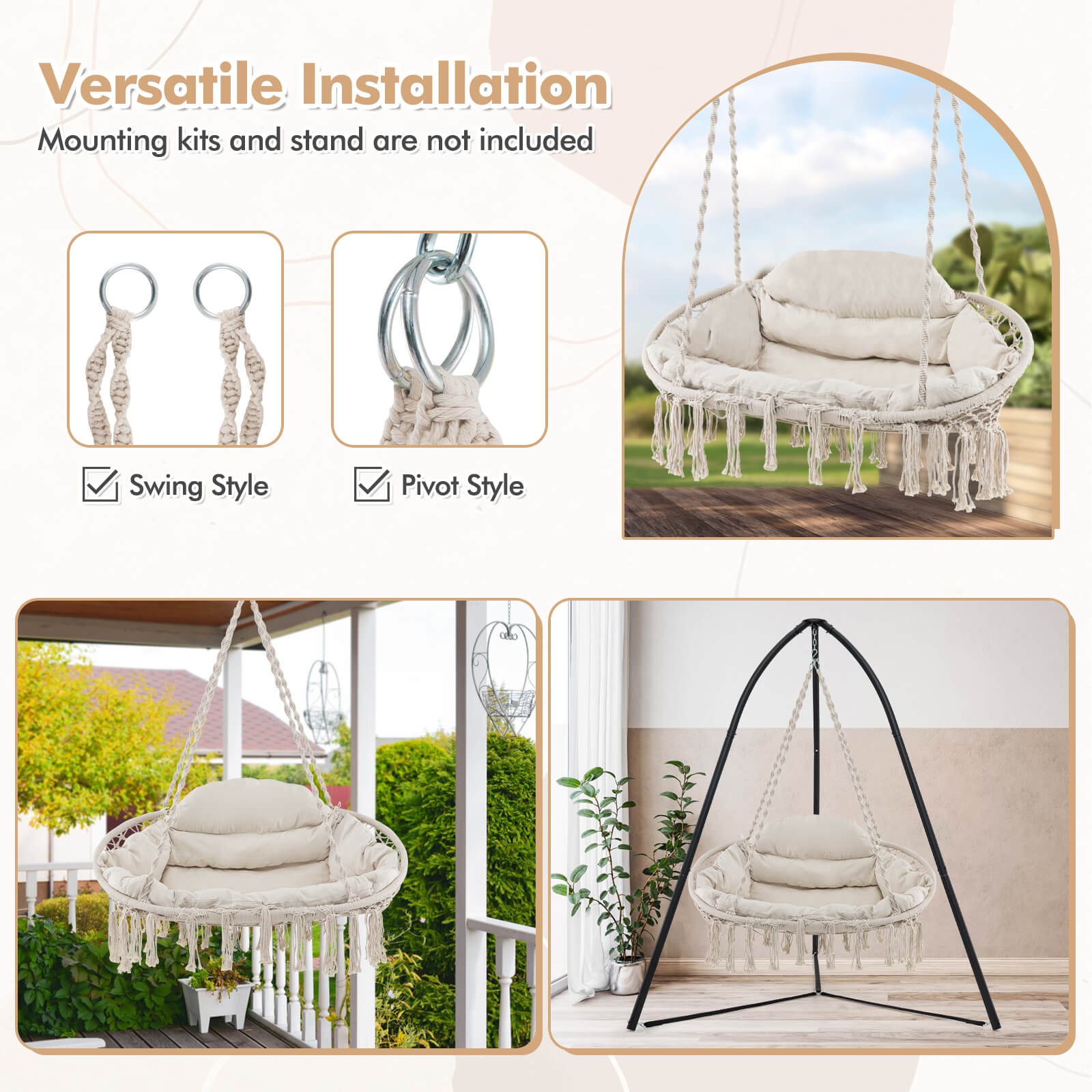 Swing Chair Hand-Woven Rope Hanging Chair w/Thick Cushion & Folding Metal Frame