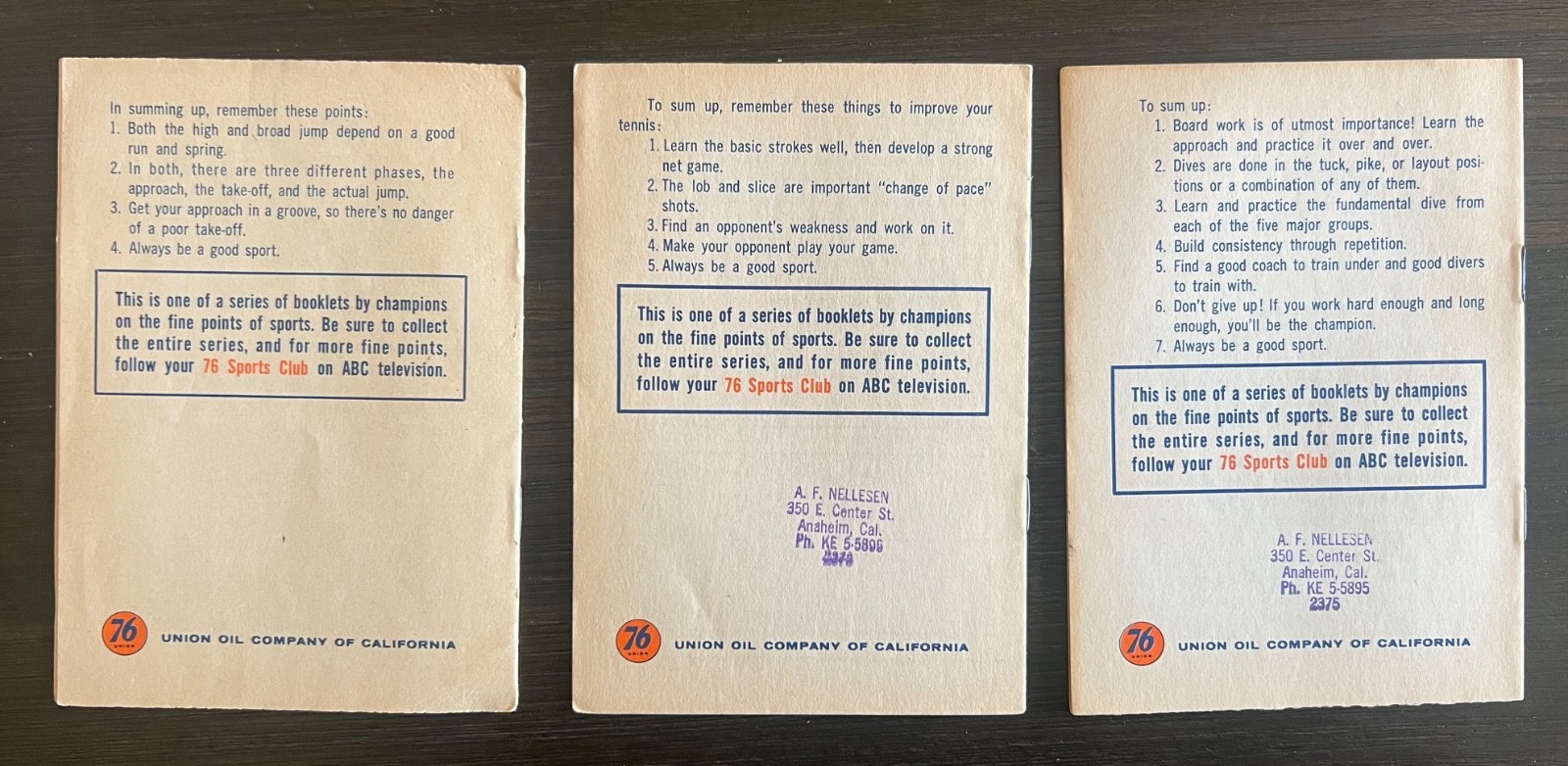 3 1958 Union Oil 76 Sports Club Fine Points. Pat McCormick Payton Jordan Nancy