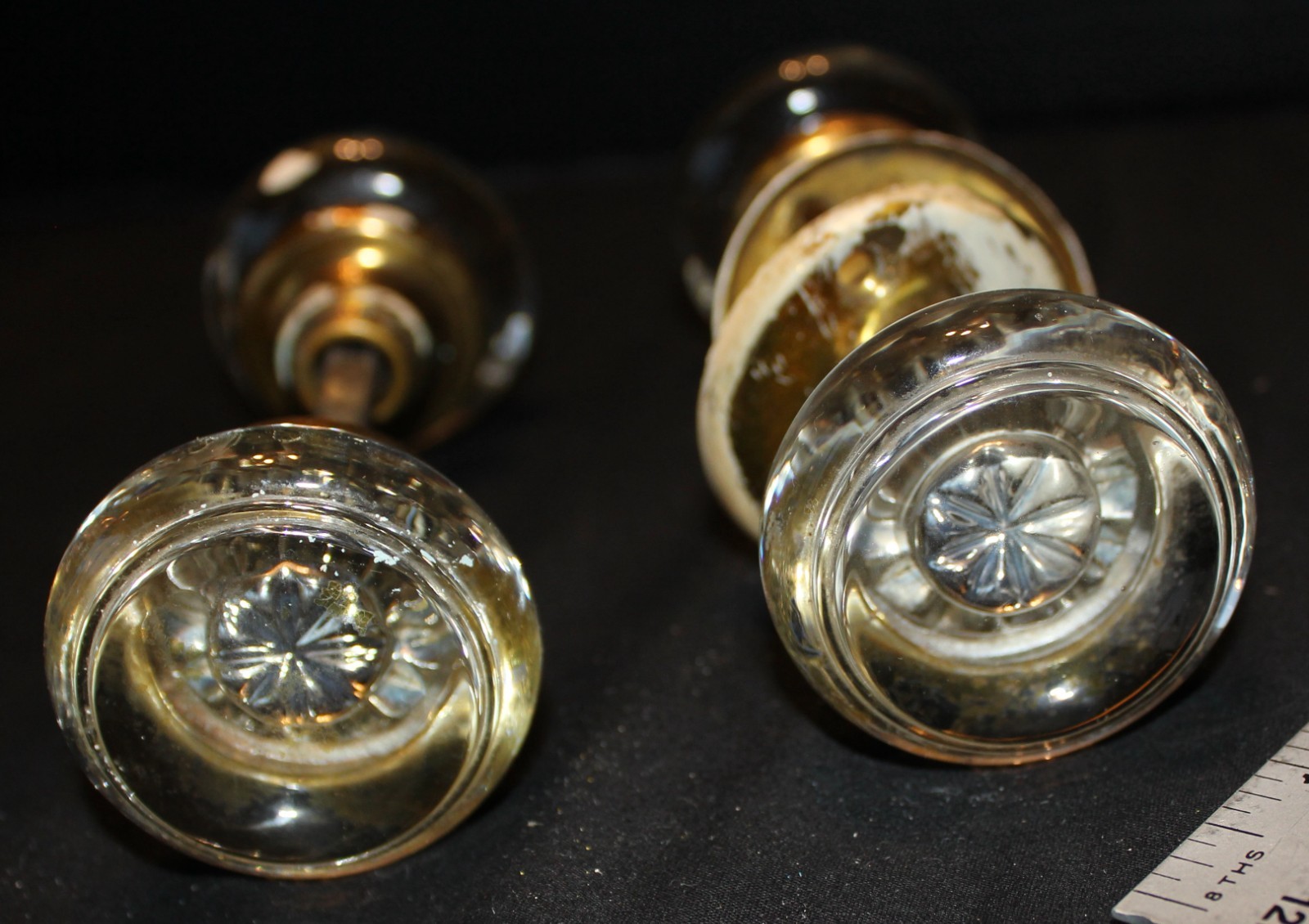 Pair Victorian Original Cystal Glass Door Knobs Brass Shank Heavy SET Of 2. WOW!