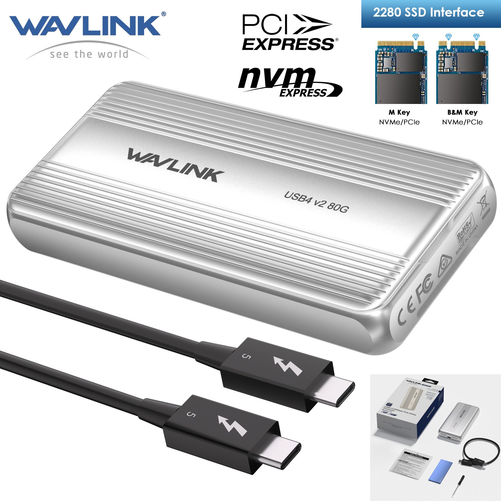 Wavlink Thunderbolt 5 M.2 NVMe SSD Enclosure 80Gbps PCIe NVMe SSD Case USB4 v2