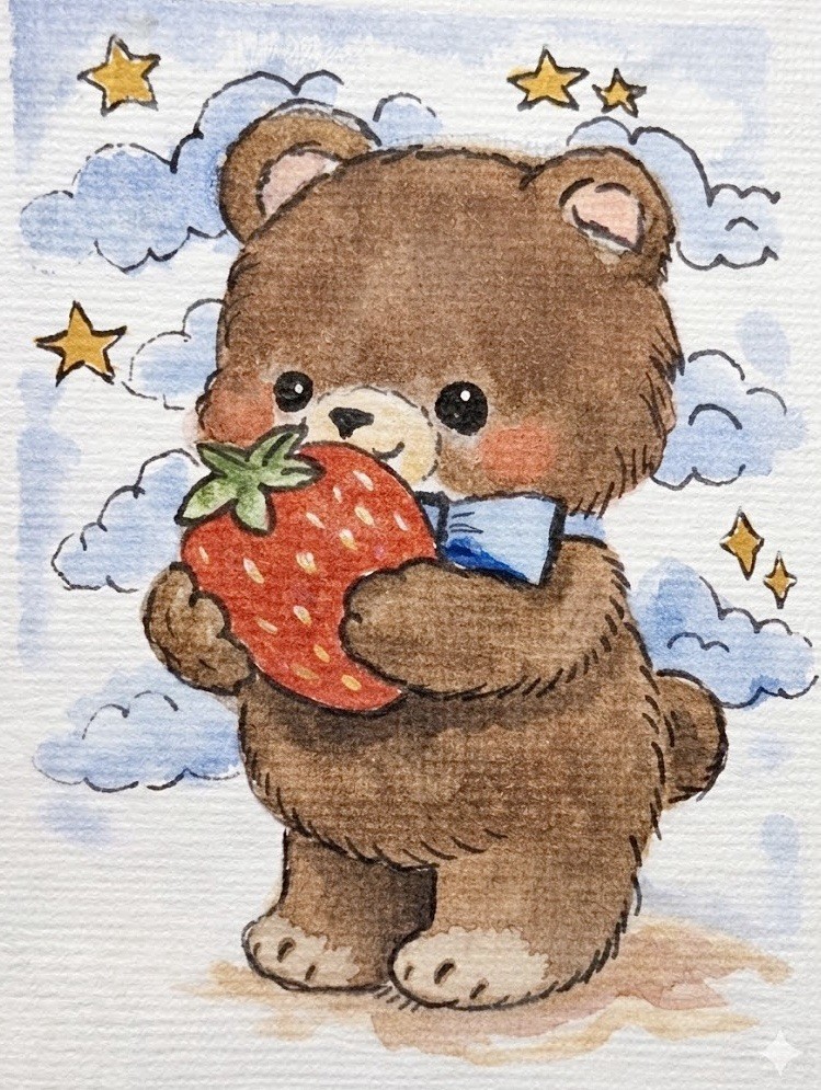 ACEO Original PRINT Painting Bear Holding Strawberry Angelina Abraham