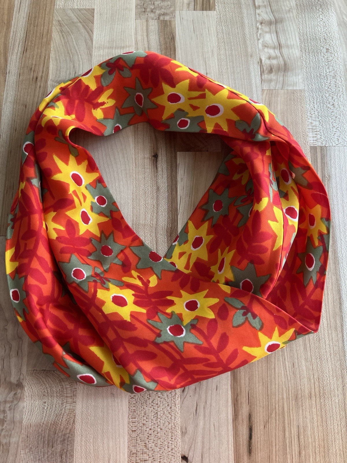 Vera Neumann Vintage Silk Infinity Scarf Floral Orange Red Yellow Made in Japan