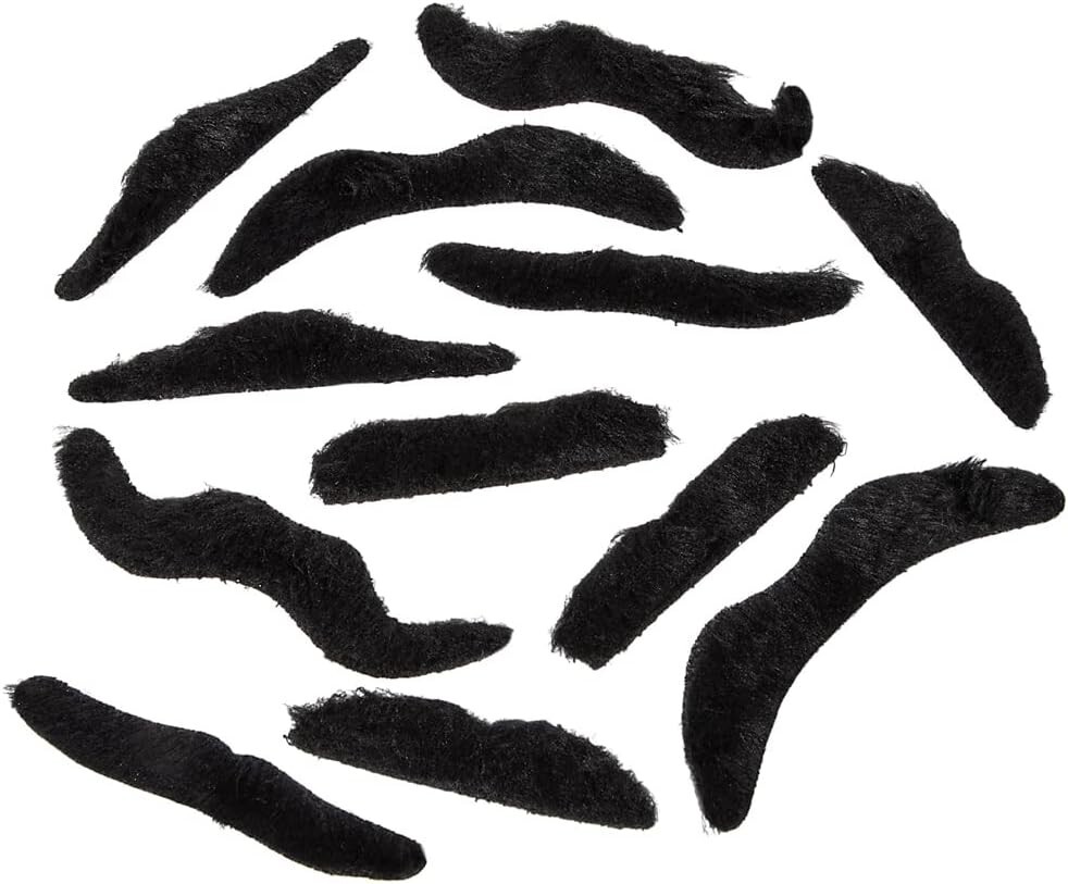3.5" 12pcs Fake Black Mustaches - Self-Adhesive Party Theater Costume Prop Fun!