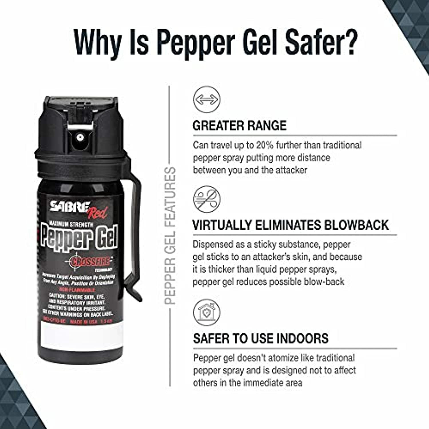 SABRE Crossfire Pepper Gel, Maximizes Target Acquisition, Deploys At Any Angle,