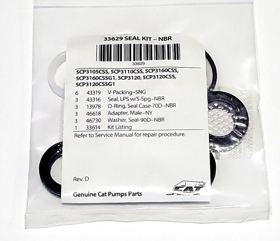 Cat Pumps Seal Kit 33629 For 5CP3120, 5CP3120CSS, 5CP3120CSSG1