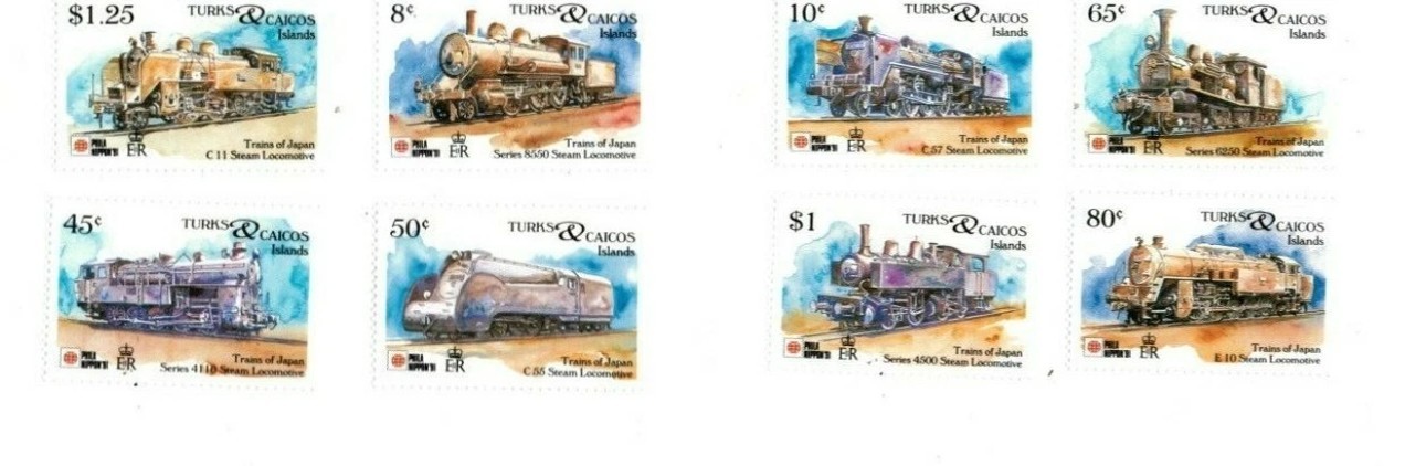Turks & Caicos 1991 - Philanippon Trains - Set of 8 Stamps - Scott#943-50 - MNH