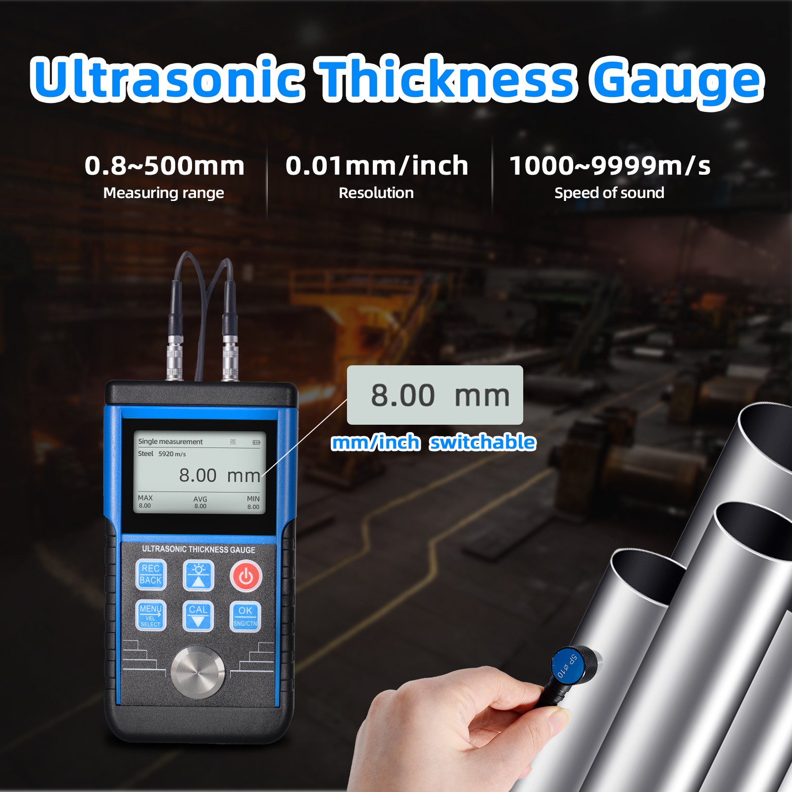 Digital Ultrasonic Thickness Gauge Tester Meter 0.8-500mm Plastic Steel Metal US