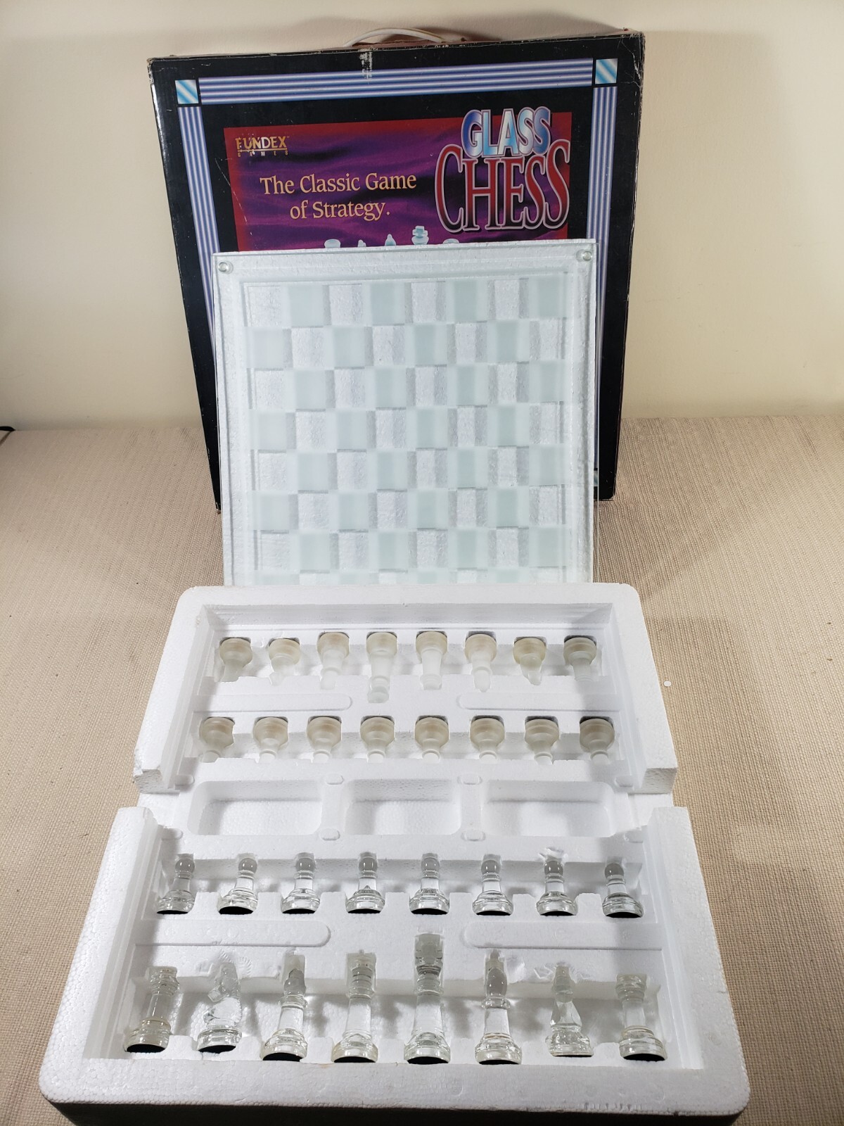 Chess Board Vtg 14 x 14 Glass w/ Glass & Frosted Playing Pieces Complete w/ Box