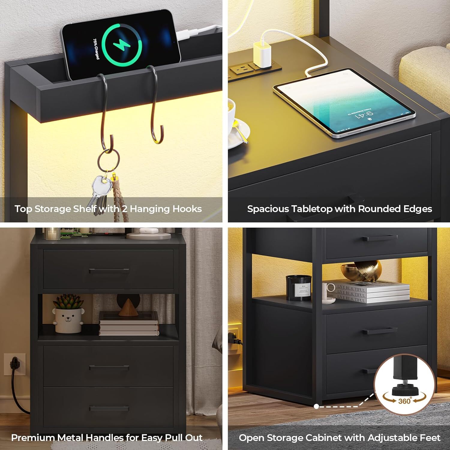 Led Nightstand with Charging Station, 3 Drawers Night Stand, Black Bedside Table