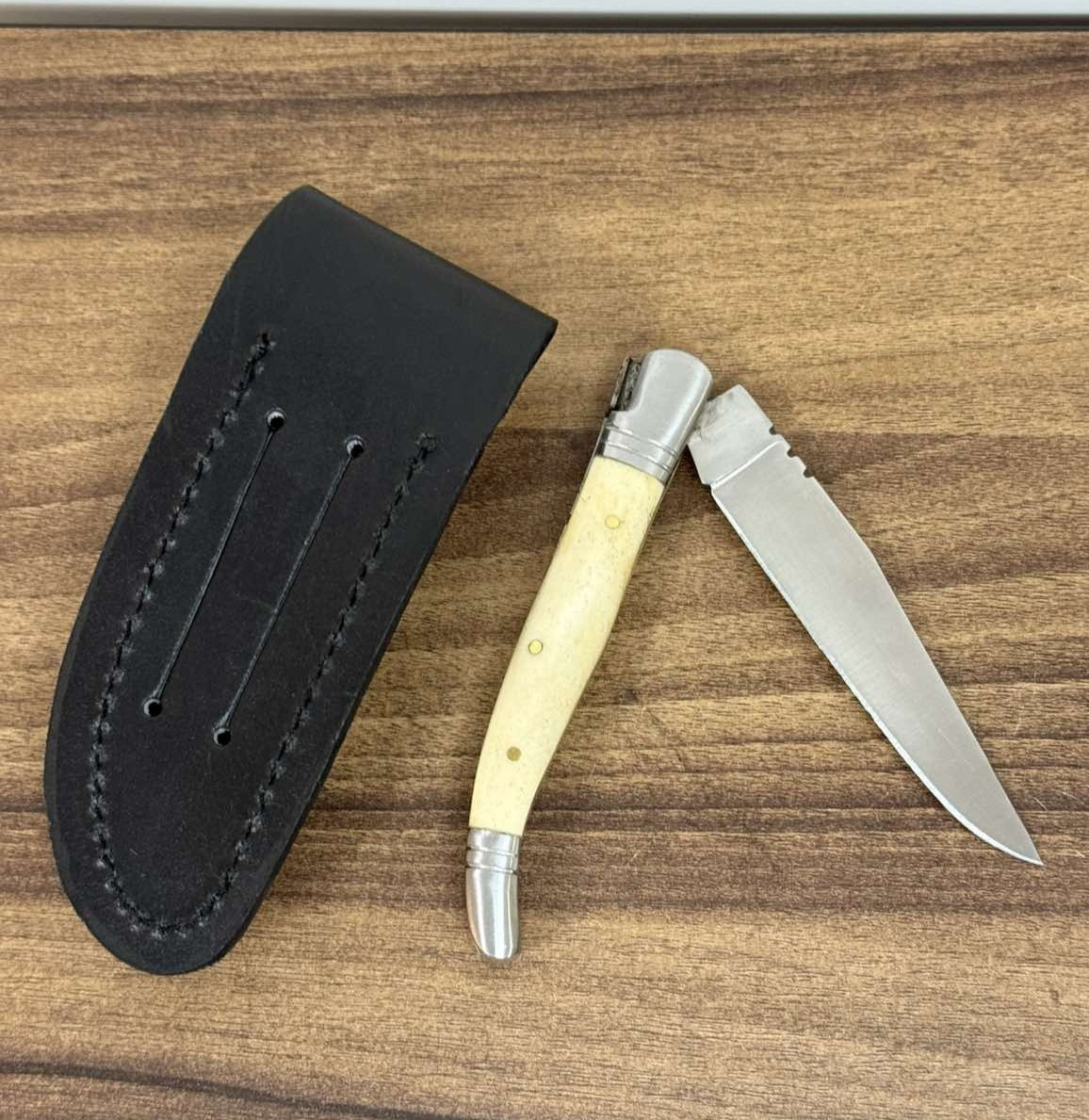 Vintage Laquiole Pocket Knife Blade Steel Antler Handle Leather Sheath Mens Rare