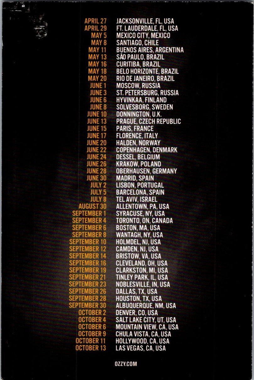 OZZY OSBOURNE - No More Tours 2 AUTOGRAPHED Tour Schedule 2018