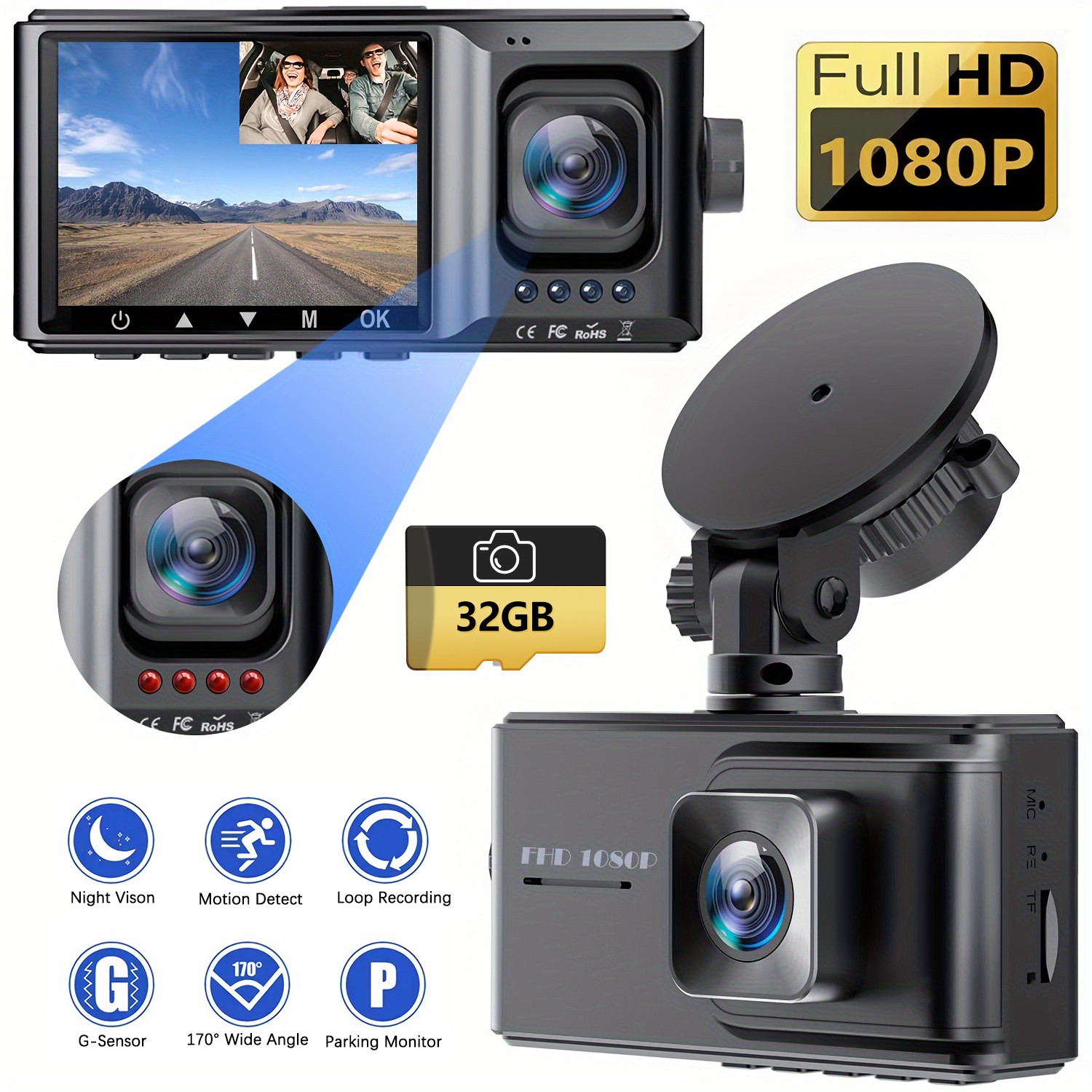 HD 1080P Dash Cam Front&Inside Dash Camera Super NIght Vision With 32GB SD Card