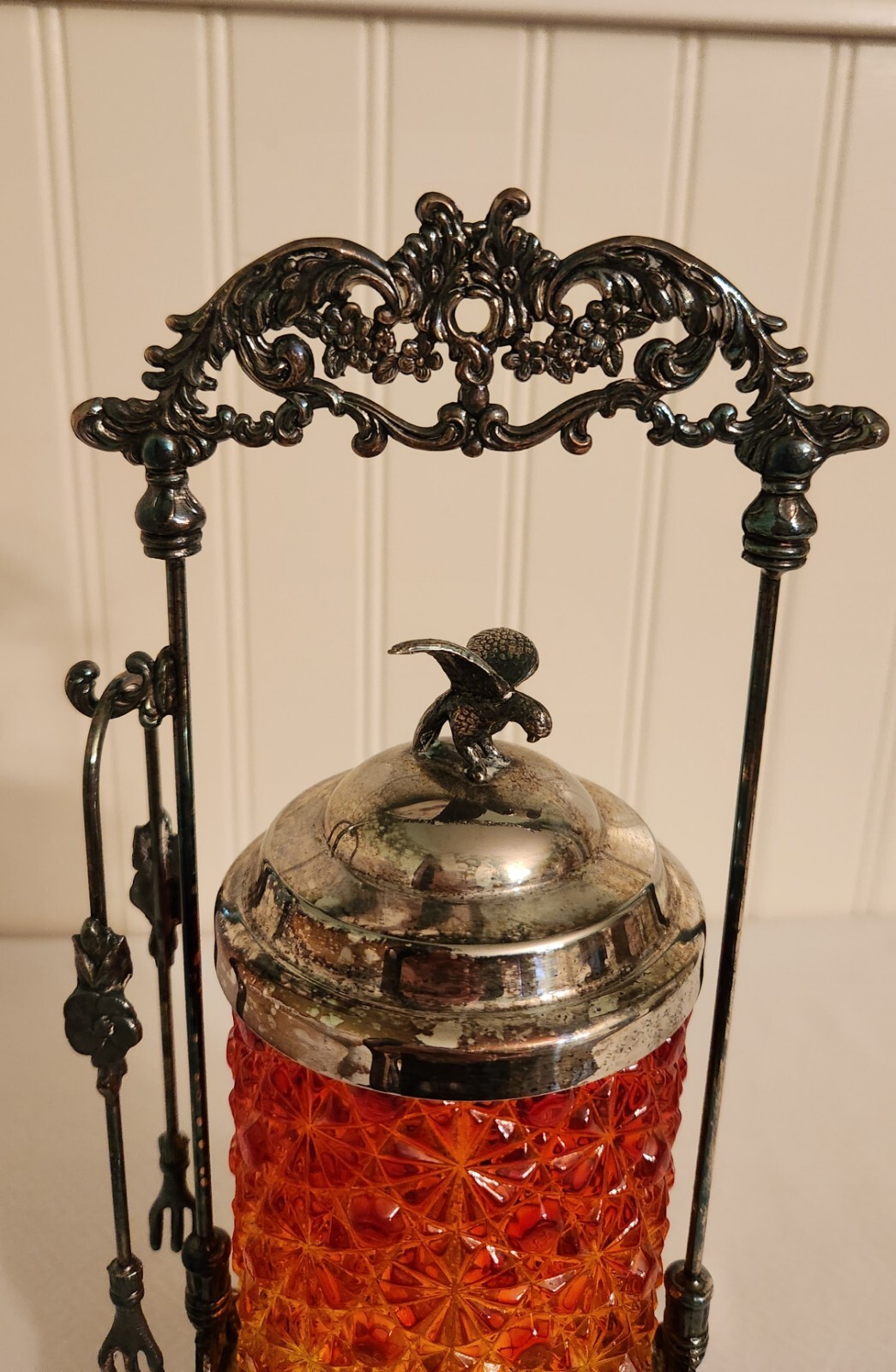 Antique Victorian Amberina Glass Daisy Button Pickle Castor Ornate Eagle Finial