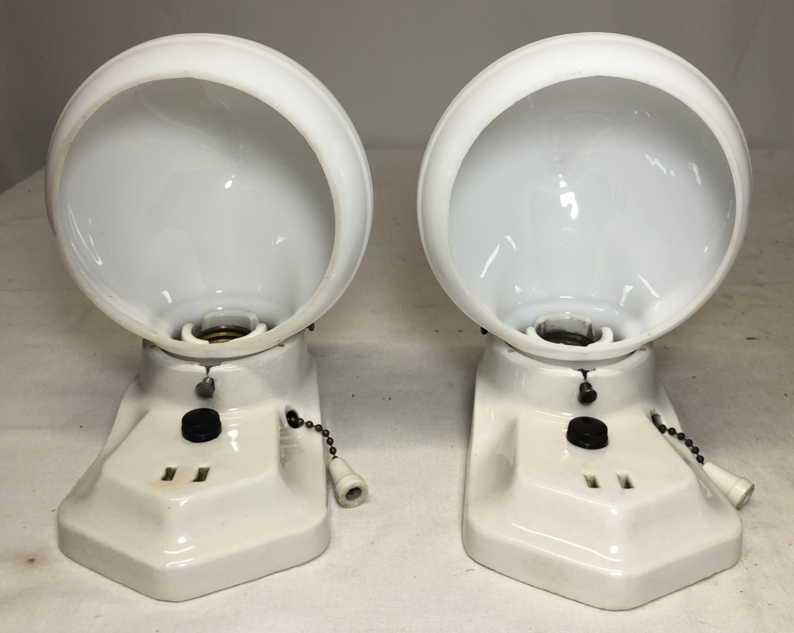 Antique Porcelain Wall Sconce Pair Vtg Light Fixture Ceramic Bath Art USA #J67