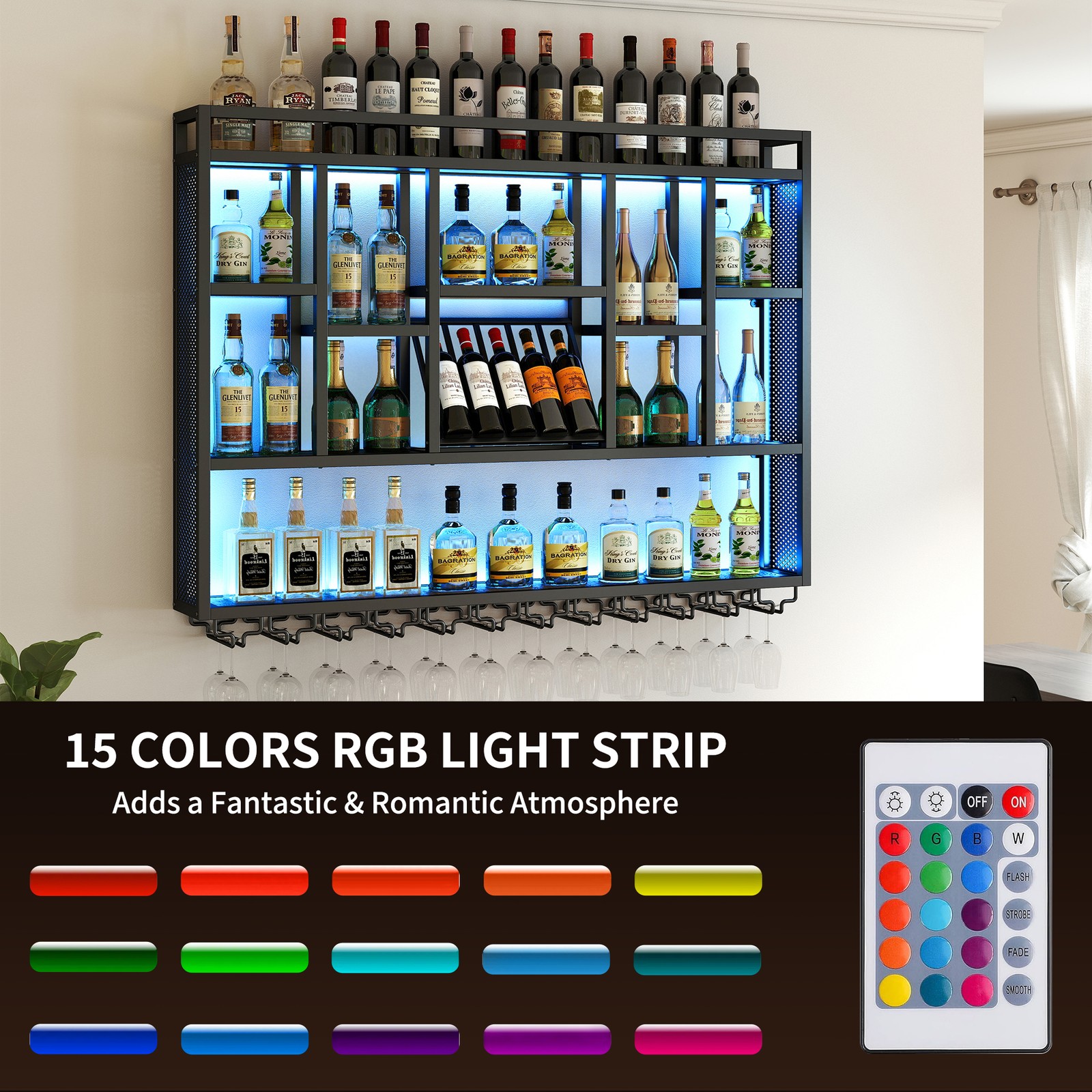 4-Tier Wall Mounted Wine Rack 59" Floating Bar Shelves w/ LED Light for Bar Cafe