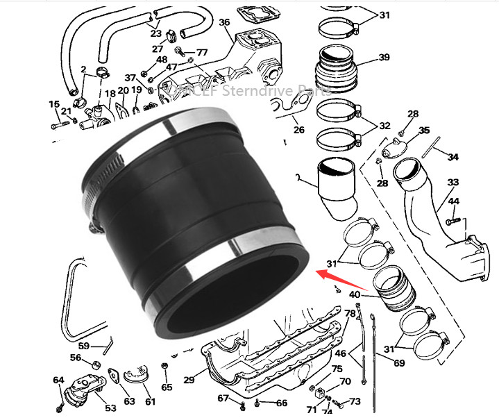 OMC Stern drive 2.3 /4.3/5.0/5.7/5.8/7.4/7.5 exhaust & Cooling Lower hose pipe