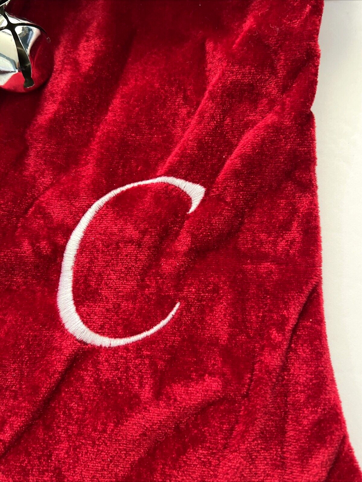 Christmas Stocking Monogram Initial C Red Plush White Cuff Jingle Bells At Home