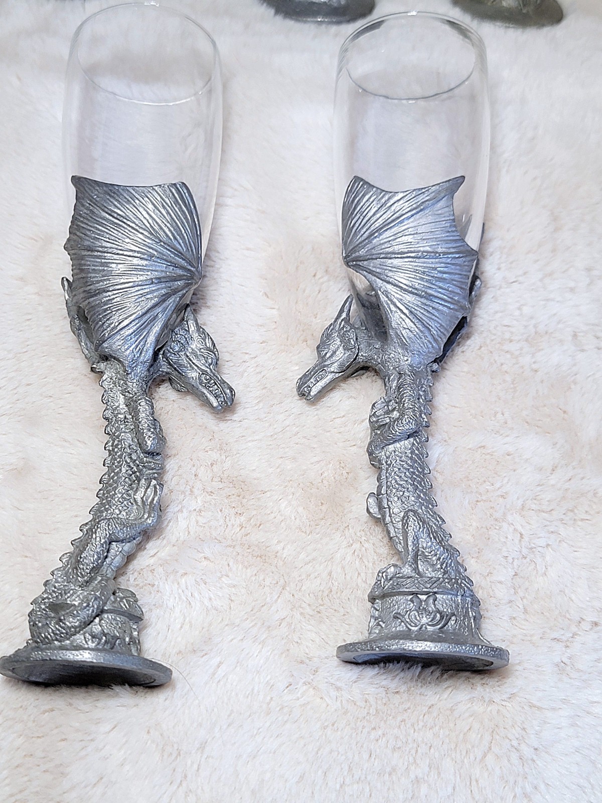 Set of 6 Solid Heavy Fantasy Pewter Dragon Champagne Glass Flute 8" D&D Gothic