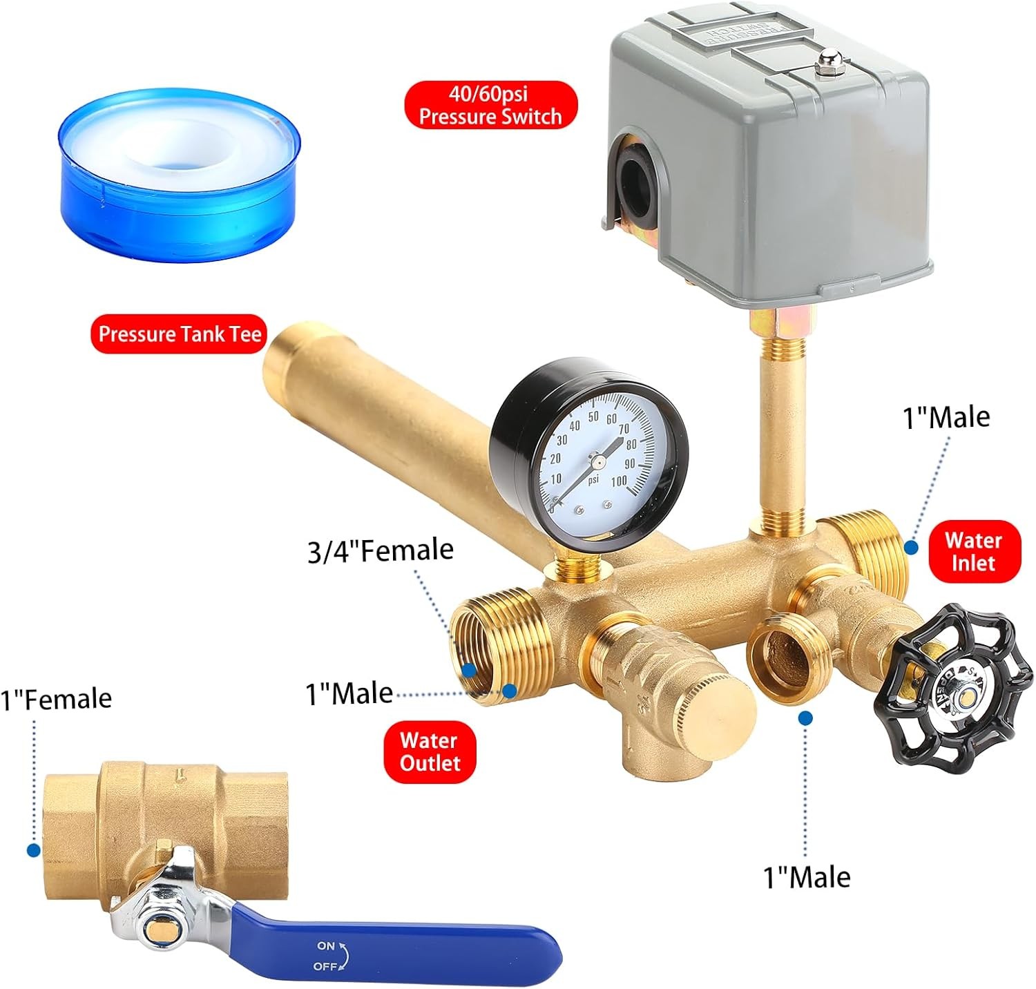 1 X 11 Well Pressure Tank Tee Kit For Water Well 40/60psi Pressure Switch Brass