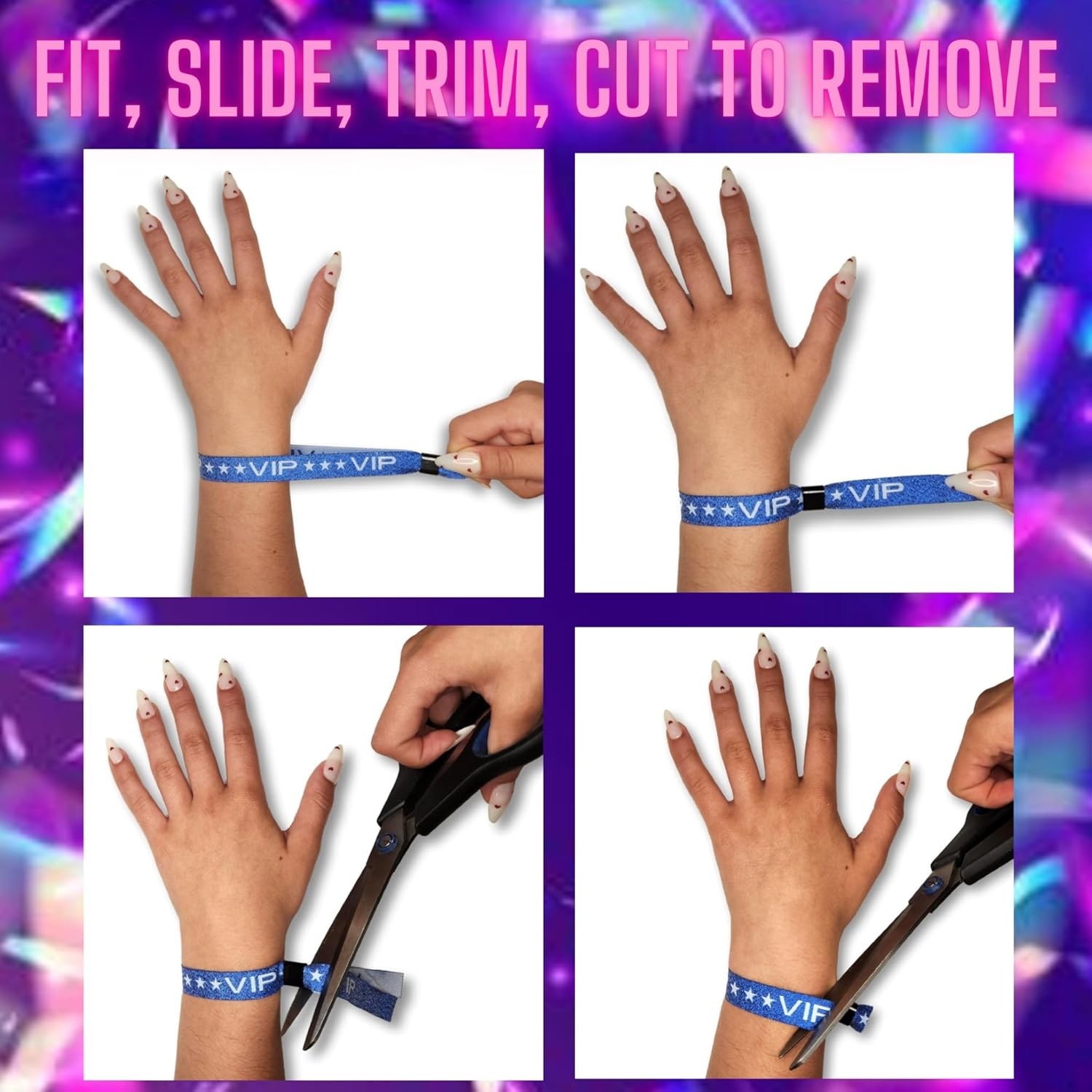 100 Pack Blue Glitter VIP Party Wristbands with Secure Locking Clip. Must Have A