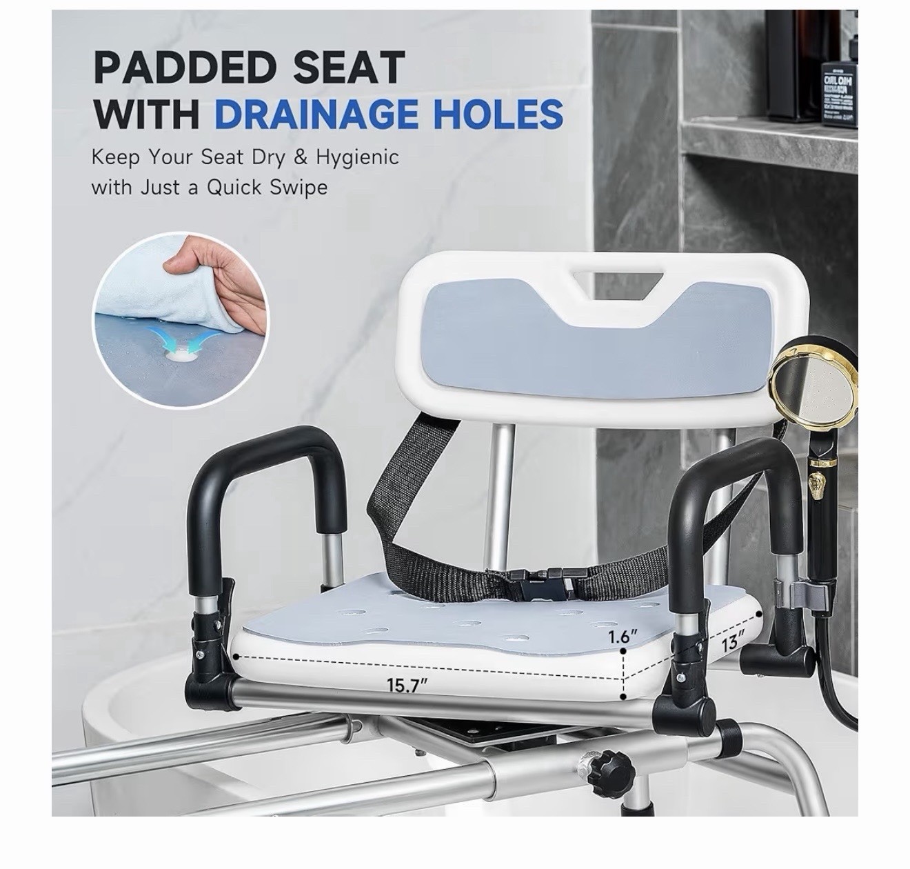 CO-ZSliding Shower Chair with 360° Swivel Seat 12Level Tub Transfer Bench with